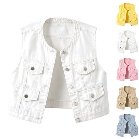 Tqcoqu Women's Round Collar Sleeveless Denim Vest Multi Pocket,Button Down Waistcoat Plus Size Jacket,2026 Spring Fall Trendy Clothes,White Women's S-XXXXXL