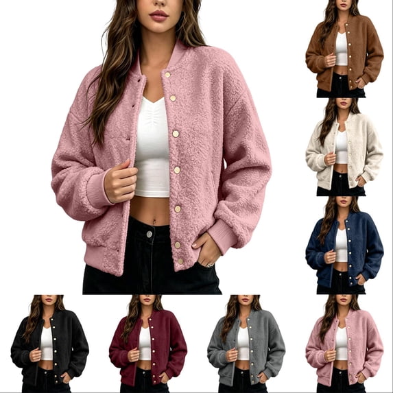 Tqcoqu Women's Round Neck Button Front Solid Color Jacket Long Sleeve with Pockets Casual Outerwear