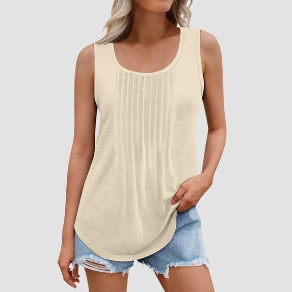 Tqcoqu Women's Lightweight Breathable Pleated Tank Top, Scoop Neck Sleeveless Curved Hem Casual Tunic,Beige,Women's S-XXXXXL