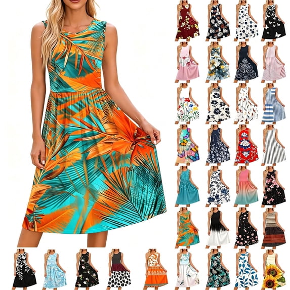 Tqcoqu Women's Round Neck Sleeveless Print Dress with Pockets,A-Line Casual Daily Trendy Sundress,Green Women's S-XXL