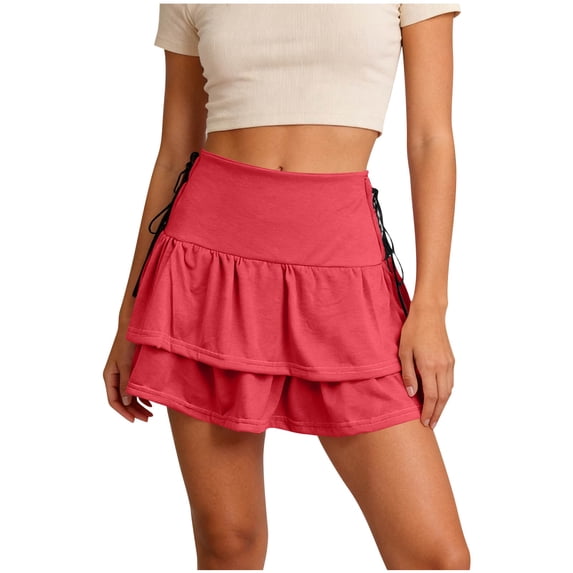 Tqcoqu Women's Ruffle Skirts with Shorts Tiered Layers Cute Elastic Waist Coquette Skort Drawstring Side Bow Tie,Red,Women's S-L