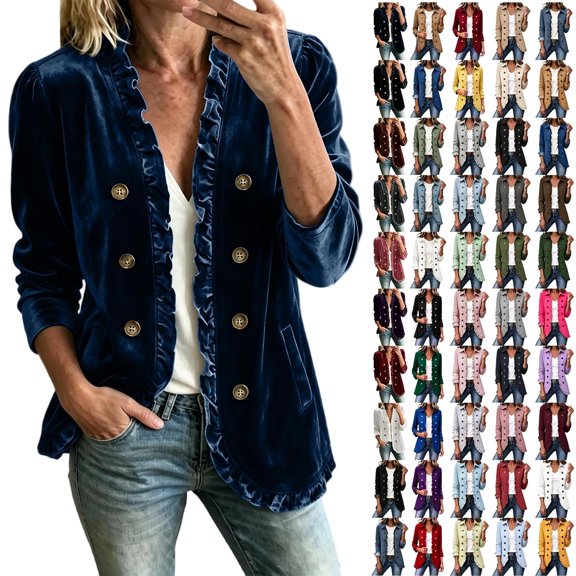 Tqcoqu Women's Ruffled Velvet Blazer Jackets, Long Sleeve Button Open Front Coats, Elegant Casual Outerwear for Party Daily Wear,Women's,Size S-XXXL