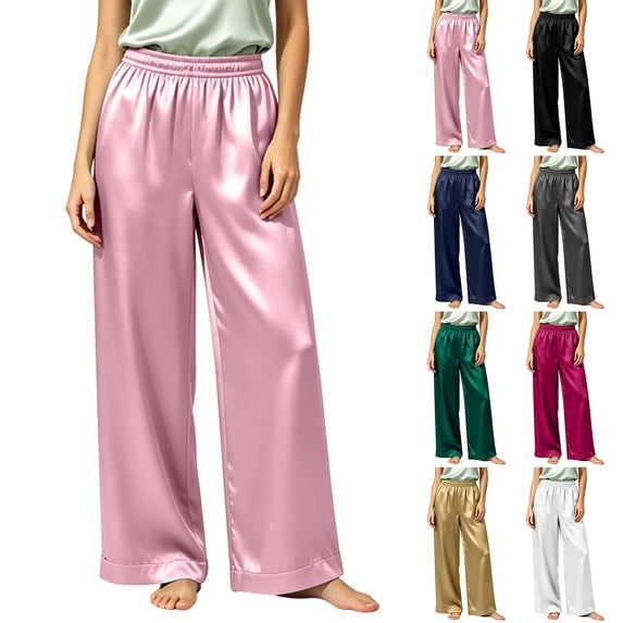 Tqcoqu Women's Satin Wide Leg Pajama Pants,Elastic High Waist Side Pockets Silky Loungewear Sleep Trousers,Green Women's S-XXXL