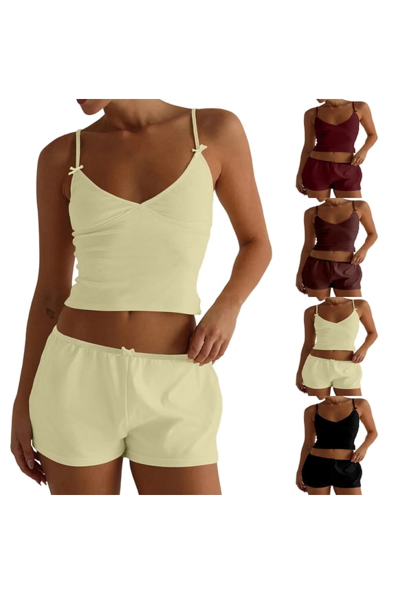 Women's Sexy Two Piece Outfits Summer Solid Color Backless Cami Crop Top and Bodycon Shorts Casual Outfits,Yellow,Women's S-L