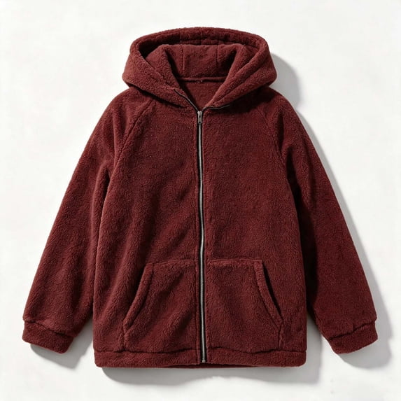 Tqcoqu Women's Sherpa Hooded Jacket, Full Zip Long Sleeve Fall Fleece Coat, Solid Color Winter Fuzzy Teddy Coats,Women's,Size S-XXL