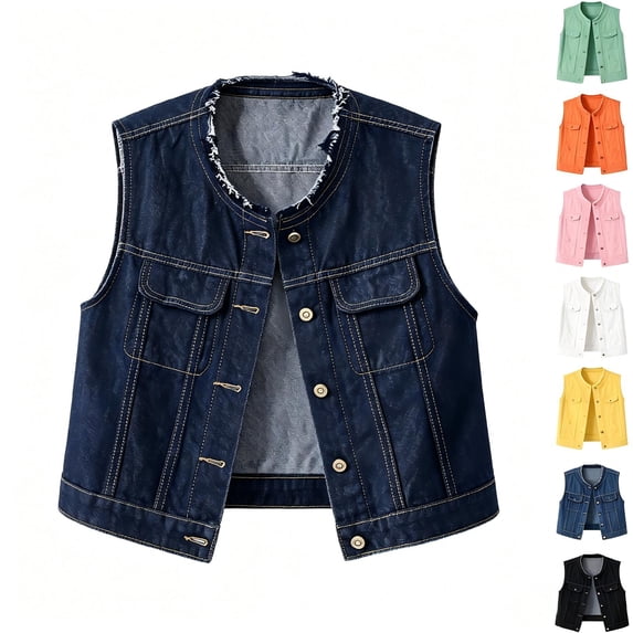 Tqcoqu Women's Sleeveless Denim Plus Size Vest,Round Collar Frayed Edge Multi Pocket Waistcoat Jacket,2026 Spring Fall Trendy Clothes,Navy Women's S-XXXXXL