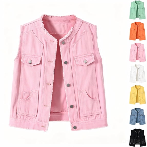 Tqcoqu Women's Sleeveless Denim Plus Size Vest,Round Collar Frayed Edge Multi Pocket Waistcoat Jacket,2026 Spring Fall Trendy Clothes,Pink Women's S-XXXXXL