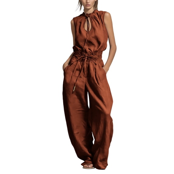 Tqcoqu Women's Sleeveless Tie Neck Cutout Romper,Elastic Waist Wide Leg Linen Blend Jumpsuit with Pockets & Back Zipper,Brown Women's S-XXXL