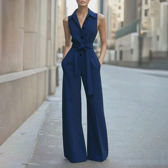 Tqcoqu Women’s Sleeveless V Neck Jumpsuit Button Down Wide Leg Jumpsuit with Pockets Office Outfit,Navy,Women's S-XL