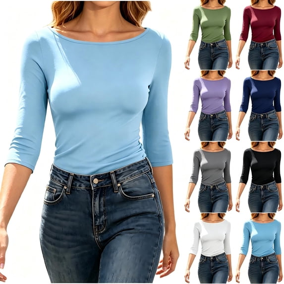 Tqcoqu Women's Slim Fit Basic Casual T-Shirt Tops,Ribbed Knit Boat Neck Half Sleeve Tops,2026 Spring Fall Trendy Clothes,Light Blue Women's S-XXL