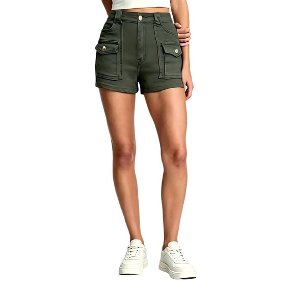 Tqcoqu Women's Slim Fit Denim Jean Hot Shorts,High Waist Pearl Button Flap Pockets Jean Shorts,Army Green Women's S-XXL