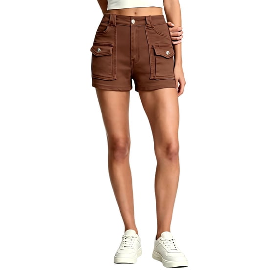 Tqcoqu Women's Slim Fit Denim Jean Hot Shorts,High Waist Pearl Button Flap Pockets Jean Shorts,Brown Women's S-XXL