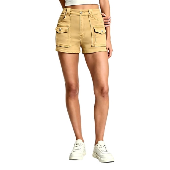 Tqcoqu Women's Slim Fit Denim Jean Hot Shorts,High Waist Pearl Button Flap Pockets Jean Shorts,Khaki Women's S-XXL