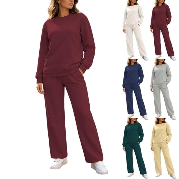 Tqcoqu Women's Solid 2 Piece Sweatsuit,Crew Neck Long Sleeve Sweatshirt & Elastic Waist Wide Leg Sweatpants,Thick Casual Loungewear Outfit Set,Wine Women's S-XXXL