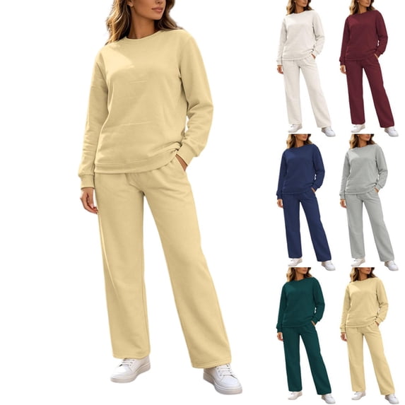 Tqcoqu Women's Solid 2 Piece Sweatsuit,Crew Neck Long Sleeve Sweatshirt & Elastic Waist Wide Leg Sweatpants,Thick Casual Loungewear Outfit Set,Yellow Women's S-XXXL
