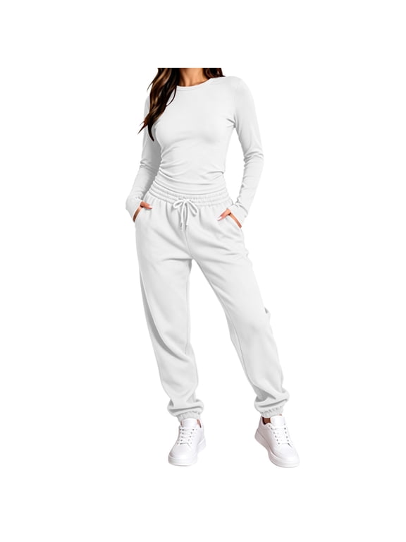 Women's Solid 2 Piece Tracksuit,Crew Neck Long Sleeve Top & High Waist Drawstring Jogger Pants,Casual Loungewear Athletic Outfit Set for Women,White Women's S-XXXL