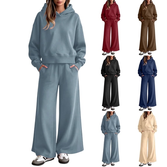 Tqcoqu Women's Solid 2 Piece Tracksuit,Cropped Hoodie Sweatshirt & Elastic Waist Wide Leg Sweatpants,Casual Streetwear Loungewear Outfit Set,Blue Women's S-XXL
