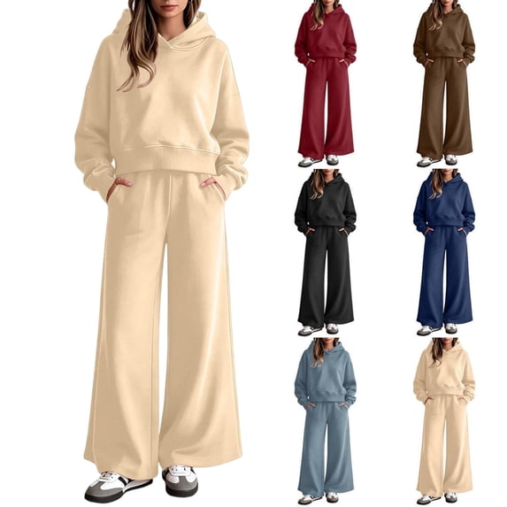 Tqcoqu Women's Solid 2 Piece Tracksuit,Cropped Hoodie Sweatshirt & Elastic Waist Wide Leg Sweatpants,Casual Streetwear Loungewear Outfit Set,Khaki Women's S-XXL