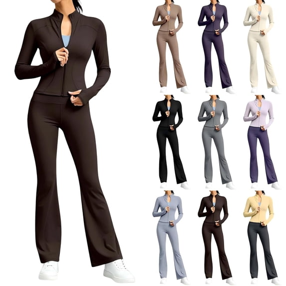 Tqcoqu Women's Solid 2 Piece Yoga Outfit,Zip Up Cropped Jacket & High Waist Flare Long Pants,Stretch Athletic Workout Plus Size Tracksuit Set for Women,Coffee Women's S-XXXXXL