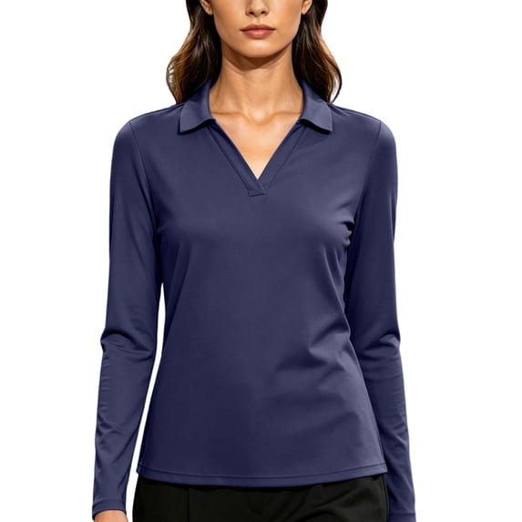 Tqcoqu Women's Solid Collared V Neck Long Sleeve Polos Shirts,Soft Casual Work Office Basic Pullover Tops,Navy Women's S-XXL