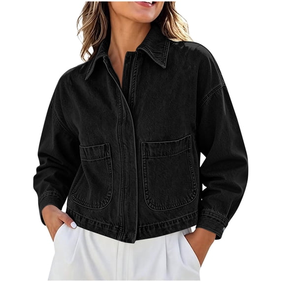 Tqcoqu Women's Solid Collared Zip Up Denim Jacket Patch Pockets,Drop Shoulder Long Sleeve Cropped Loose Casual Jean Shacket Outerwear for Spring Fall,Black Women's S-XXL