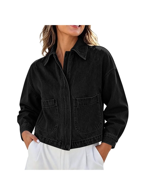 Women's Solid Collared Zip Up Denim Jacket Patch Pockets,Drop Shoulder Long Sleeve Cropped Loose Casual Jean Shacket Outerwear for Spring Fall,Black Women's S-XXL