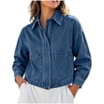 thumbnail image 1 of Tqcoqu Women's Solid Collared Zip Up Denim Jacket Patch Pockets,Drop Shoulder Long Sleeve Cropped Loose Casual Jean Shacket Outerwear for Spring Fall,Blue Women's S-XXL, 1 of 8