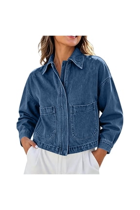 Women's Solid Collared Zip Up Denim Jacket Patch Pockets,Drop Shoulder Long Sleeve Cropped Loose Casual Jean Shacket Outerwear for Spring Fall,Blue Women's S-XXL