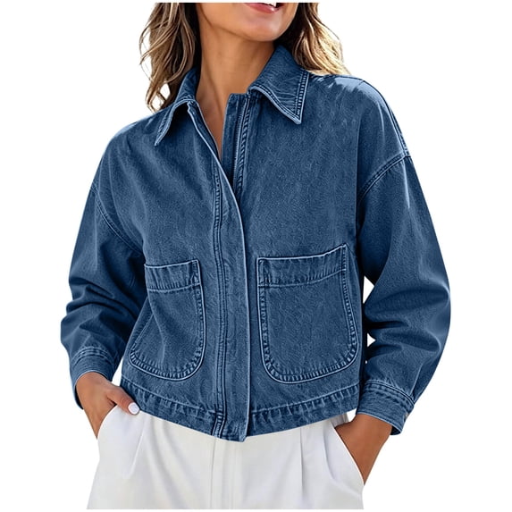 Tqcoqu Women's Solid Collared Zip Up Denim Jacket Patch Pockets,Drop Shoulder Long Sleeve Cropped Loose Casual Jean Shacket Outerwear for Spring Fall,Blue Women's S-XXL