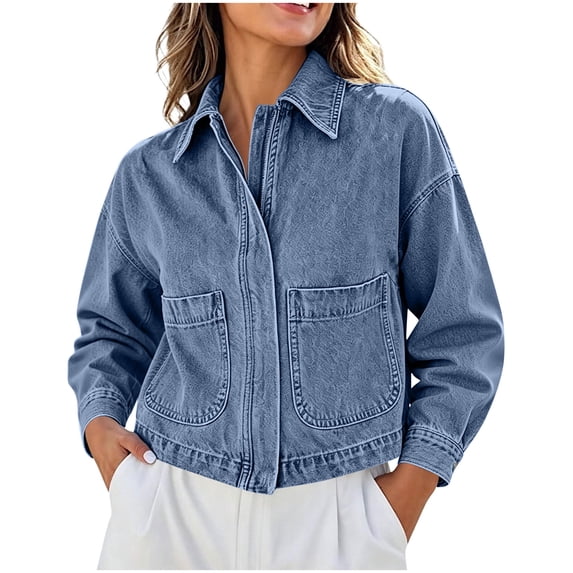 Tqcoqu Women's Solid Collared Zip Up Denim Jacket Patch Pockets,Drop Shoulder Long Sleeve Cropped Loose Casual Jean Shacket Outerwear for Spring Fall,Light Blue Women's S-XXL