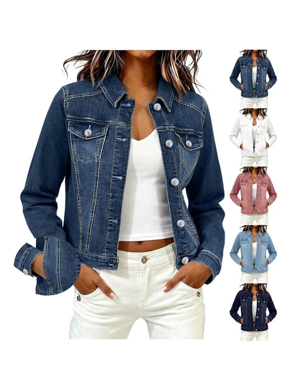 Women's Solid Color Collared Button Down Denim Jacket with Multi Pocket,Long Sleeve Cropped Trucker Jean Coat,Casual Trendy Outerwear for Spring Fall,Black Women's S-XXL