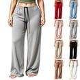 thumbnail image 1 of Tqcoqu Women's Solid Color Drawstring Elastic Waist Wide Leg Pants Casual Loungewear Long Trousers For Fall Winter, 1 of 7