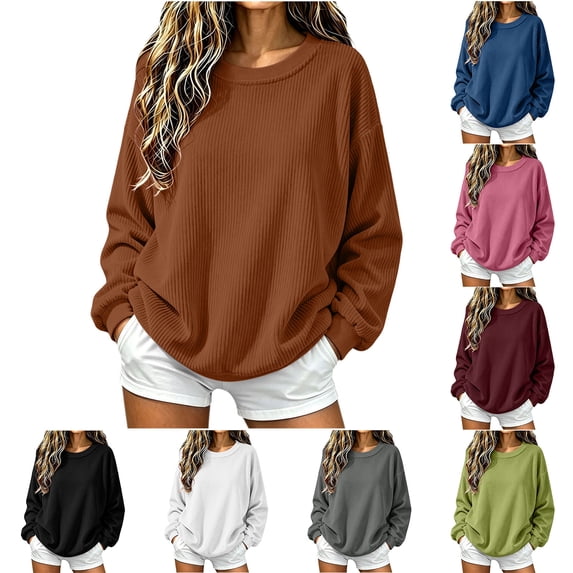Tqcoqu Women's Solid Corduroy Crew Neck Sweatshirt, Long Sleeve Oversized Loose Fall Winter Casual Commuter Pullover Top