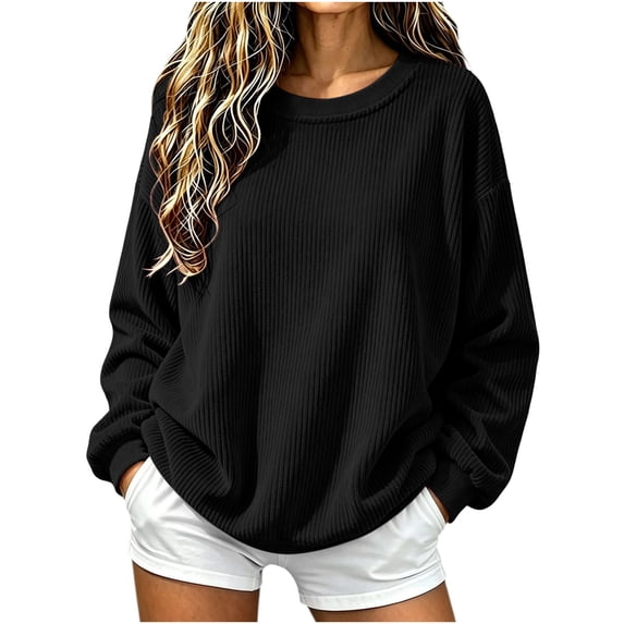 Tqcoqu Women's Solid Corduroy Crew Neck Sweatshirt, Long Sleeve Oversized Loose Fall Winter Casual Commuter Pullover Top