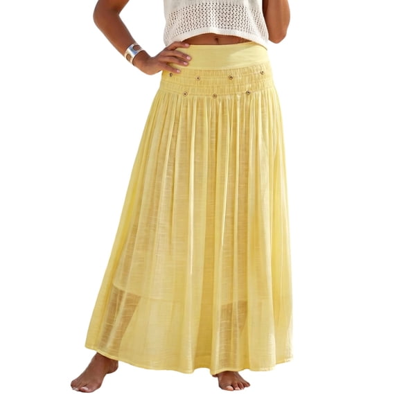 Tqcoqu Women's Solid Cotton Linen Maxi Skirt,High Waist Smocked Waist Rivet Decor Flowy Long Beach Skirt