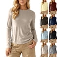 thumbnail image 1 of Tqcoqu Women's Solid Crew Neck Long Sleeve T-Shirt,Curved Hem Soft Stretch Basic Layering Top,Casual Daily Base Tee, 1 of 10