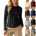 thumbnail image 1 of Tqcoqu Women's Solid Crew Neck Long Sleeve T-Shirt,Curved Hem Soft Stretch Basic Layering Top,Casual Daily Base Tee, 1 of 10