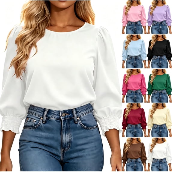 Tqcoqu Women's Solid Crew Neck Puff 3/4 Sleeve Blouse,Smocked Ruffle Cuff Loose Casual Tops,2026 Spring Fall Trendy Clothes,White Women's S-XXL