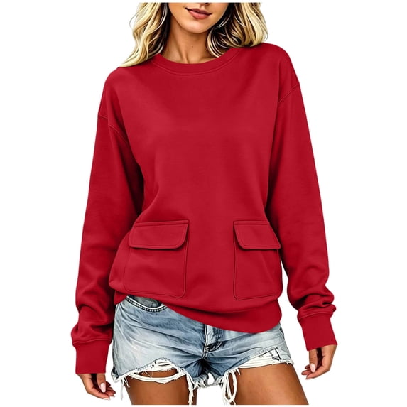 Tqcoqu Women's Solid Crew Neck Pullover Sweatshirt with Dual Front Patch Pockets,Long Sleeve Loose Casual Tops for Fall Winter,Red Women's S-XXL