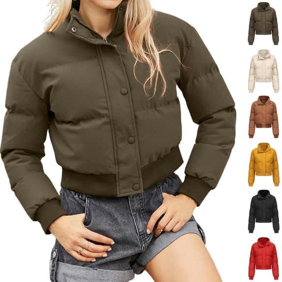 Tqcoqu Women's Solid Cropped Puffer Jacket, Stand Collar Zip & Button Long Sleeve Warm Winter Short Outerwear