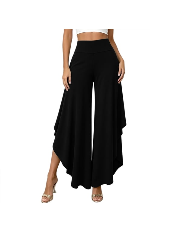 Women's Solid High Waist Flowy Wide Leg Pants,Layered Split Hem Pants with Side Pockets,Loose Casual Palazzo Trousers for Summer,Black Women's S-XXXL