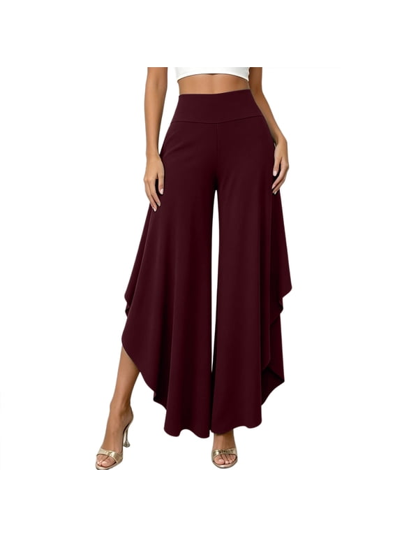 Women's Solid High Waist Flowy Wide Leg Pants,Layered Split Hem Pants with Side Pockets,Loose Casual Palazzo Trousers for Summer,Wine Women's S-XXXL