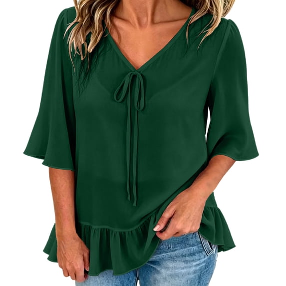 Tqcoqu Women's Solid Loose Flowy Casual Chiffon Blouse Top,V Neck Tie Front 3/4 Flared Bell Sleeve Ruffle Hem,Green Women's S-XXXL