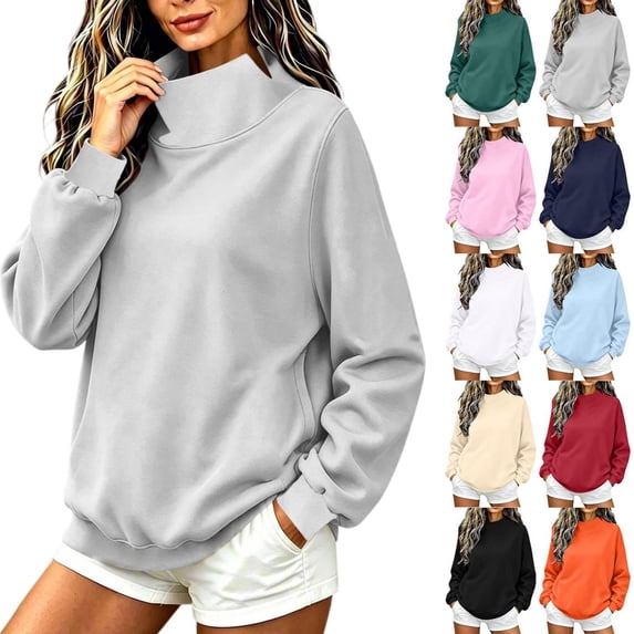 Tqcoqu Women's Solid Mock Neck Sweatshirt,Drop Shoulder Long Sleeve Curved Split Hem Loose Casual Pullover Top