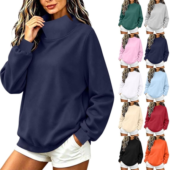 Tqcoqu Women's Solid Mock Neck Sweatshirt,Drop Shoulder Long Sleeve Curved Split Hem Loose Casual Pullover Top