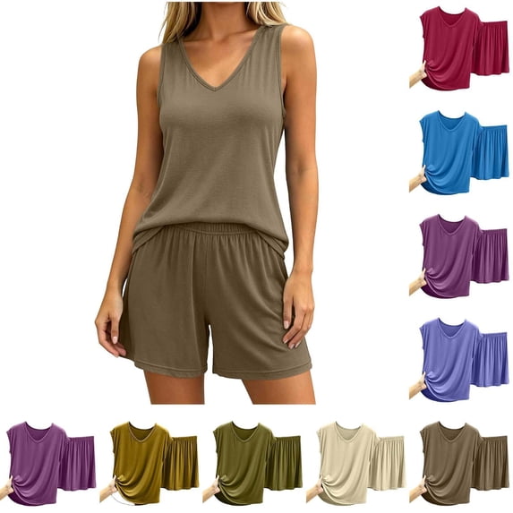Tqcoqu Women's Solid Modal 2 Piece Pajama Set, V Neck Sleeveless Tank Top & Elastic Waist Shorts Soft, Summer Loungewear Sleepwear Outfit Set for Women,Khaki Women's M-XXL