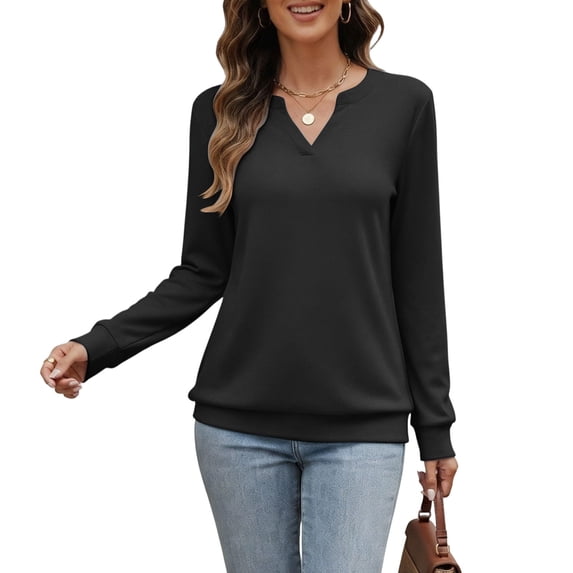 Tqcoqu Women's Solid Notch V Neck Long Sleeve Pullover Tops Ribbed Cuffs Hem Loose Casual Lightweight Sweatshirt For Fall,Black Women's S-XXL