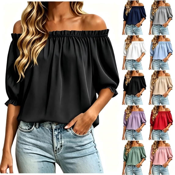 Tqcoqu Women's Solid Off Shoulder Ruffle Elastic 3/4 Puff Sleeve Blouse,Loose Flowy Summer Casual Pullover Top,Black Women's S-XXL
