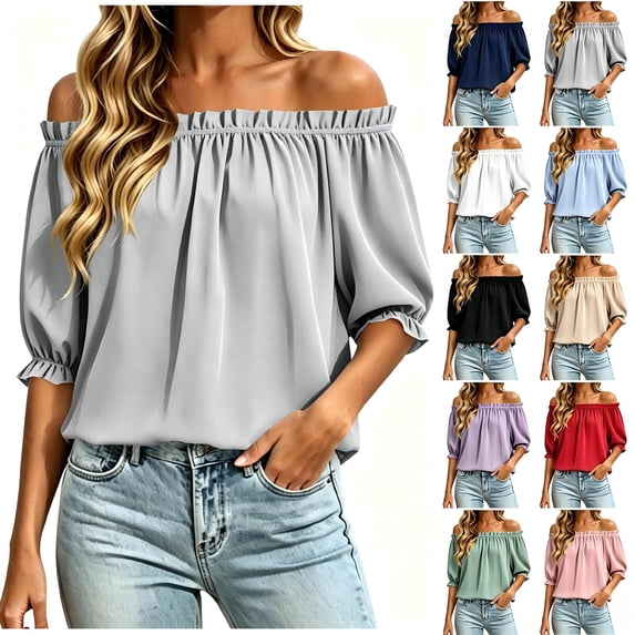 Tqcoqu Women's Solid Off Shoulder Ruffle Elastic 3/4 Puff Sleeve Blouse,Loose Flowy Summer Casual Pullover Top,Gray Women's S-XXL