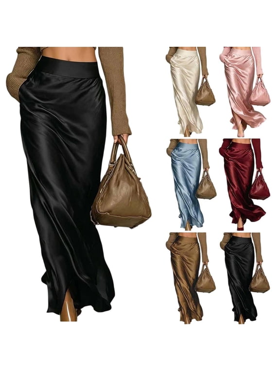 Women's Solid Satin High Waist Maxi Skirt, Elegant Flowy Side Split Long Slip Skirt for Holiday,Cocktail Party,Wedding Guest,Night Out,Women's,Size S-XXL